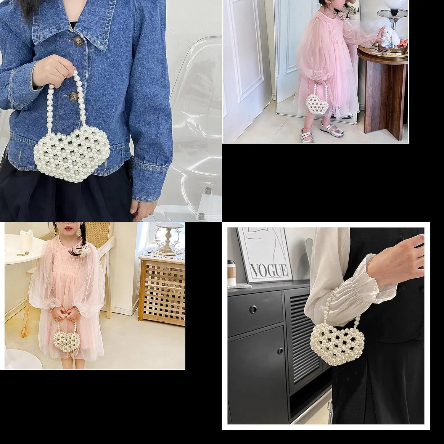 Heart White Beaded Pearl Handbag Purse Acrylic Beaded Handbag Mini Wrislet Clutch Elegant Evening Bag for Party Wedding
