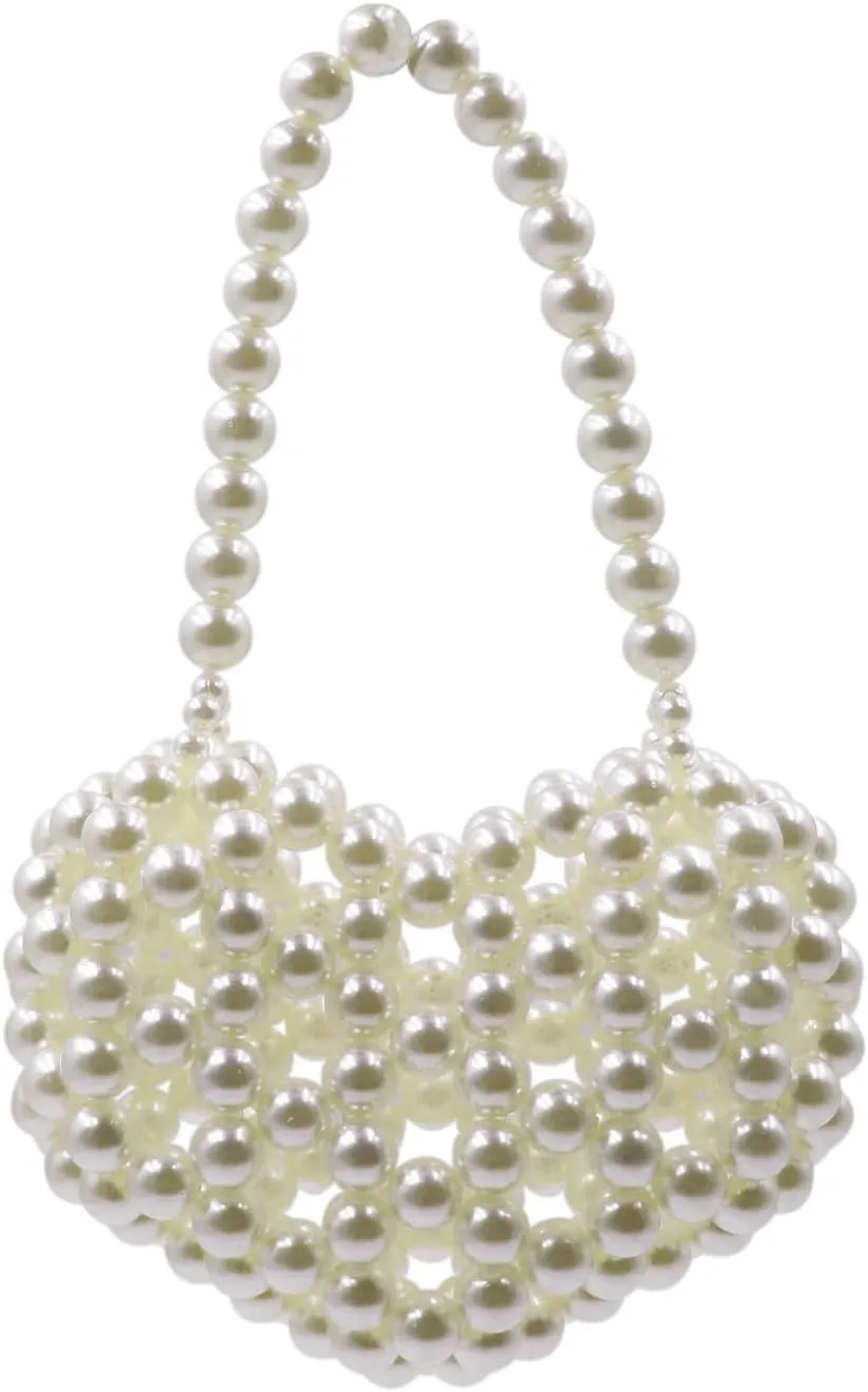 Heart White Beaded Pearl Handbag Purse Acrylic Beaded Handbag Mini Wrislet Clutch Elegant Evening Bag for Party Wedding