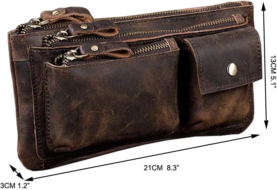 Hebetag Leather Waist Pack Fanny Bag Handbag for Men Women Hip Bum Belt Purse Travel Outdoor Running Hiking Camping Cell Phone Clutch Pouch Pocket (#04Deep Brown)