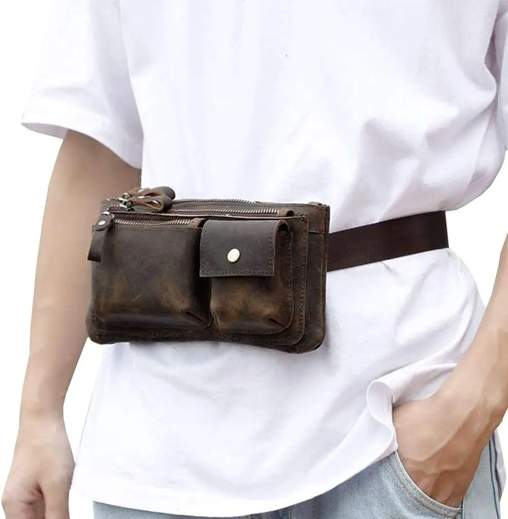 Hebetag Leather Waist Pack Fanny Bag Handbag for Men Women Hip Bum Belt Purse Travel Outdoor Running Hiking Camping Cell Phone Clutch Pouch Pocket (#04Deep Brown)