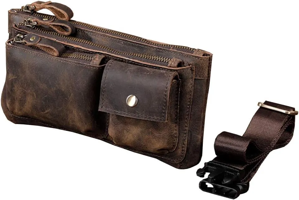 Hebetag Leather Waist Pack Fanny Bag Handbag for Men Women Hip Bum Belt Purse Travel Outdoor Running Hiking Camping Cell Phone Clutch Pouch Pocket (#04Deep Brown)