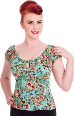 Hell Bunny Skull Love Dia De Los Muertos Sugar Skull and Flower Fancy Top (XS)