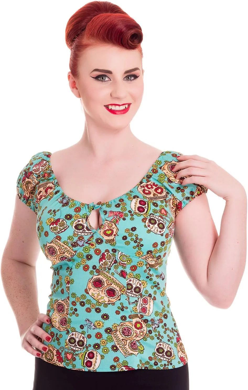 Hell Bunny Skull Love Dia De Los Muertos Sugar Skull and Flower Fancy Top (XS)