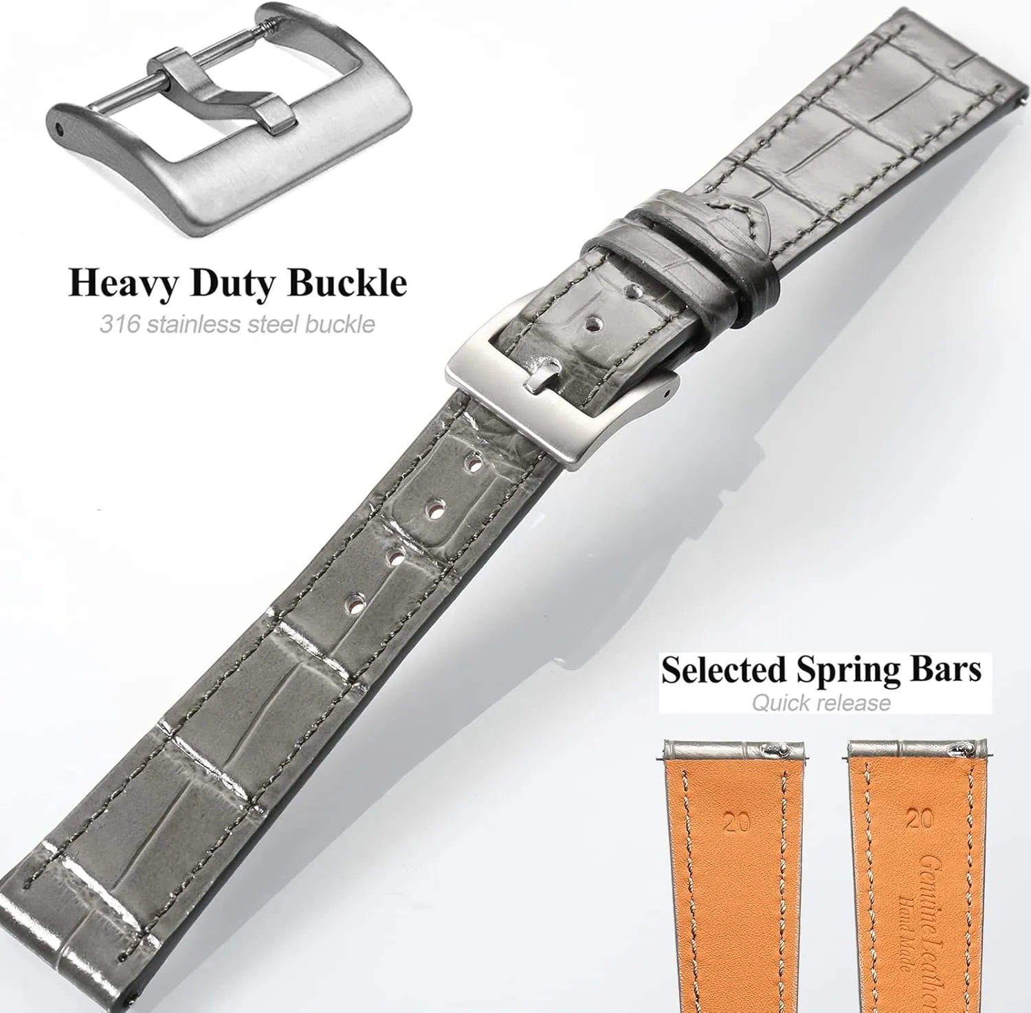 Hemsut Alligator Grain Leather Watch Band, Quick Release Genuine Leather Watch Strap 18mm,19mm, 20mm, 21mm 22mm for Men and Women