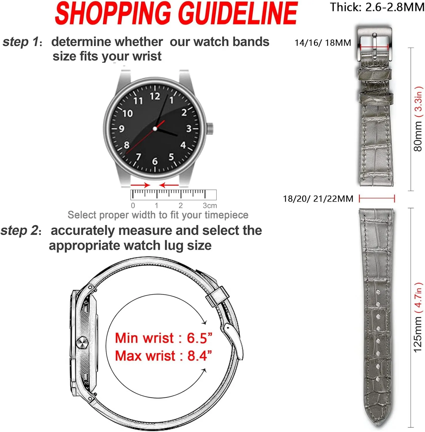 Hemsut Alligator Grain Leather Watch Band, Quick Release Genuine Leather Watch Strap 18mm,19mm, 20mm, 21mm 22mm for Men and Women