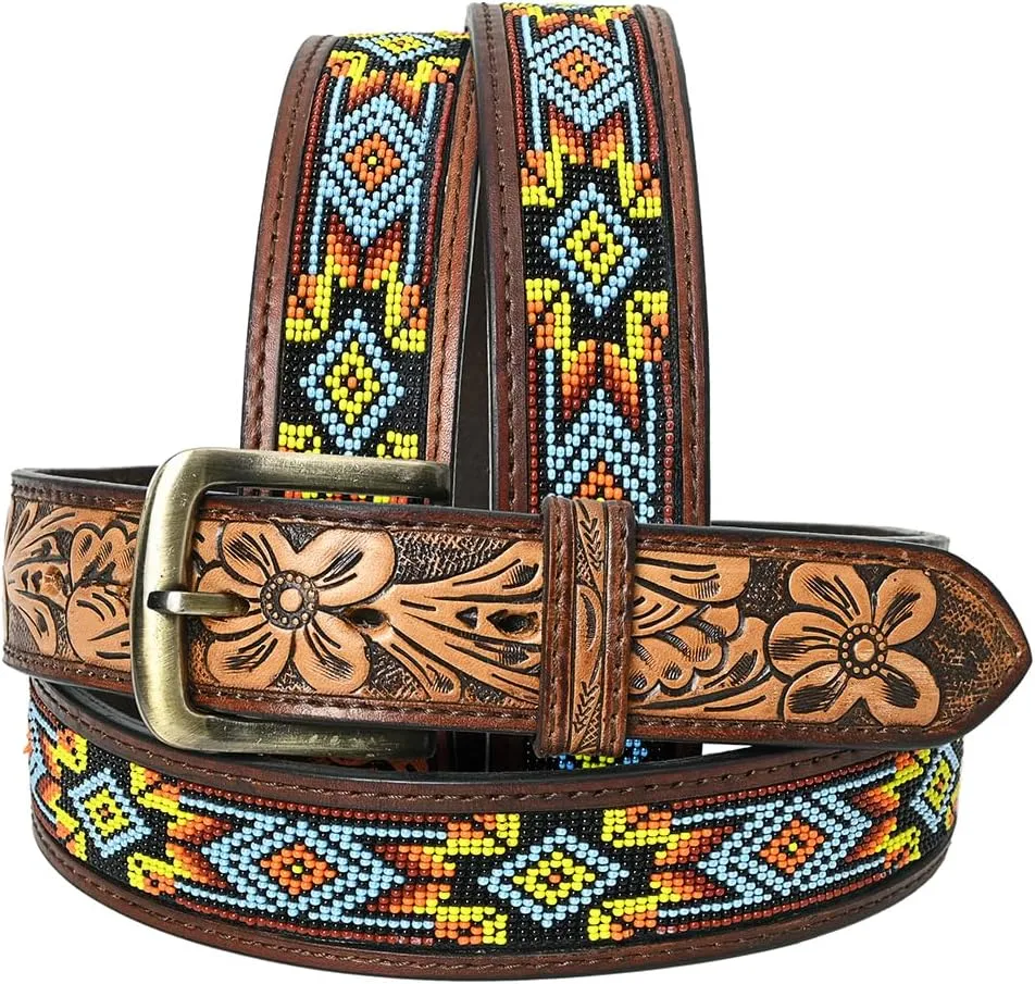 HILASON Western Genuine Leather Belt for Men Women Cowboy Cowgirl Handmade Unisex Full Grain Heavy Duty Tooled Beaded Belt