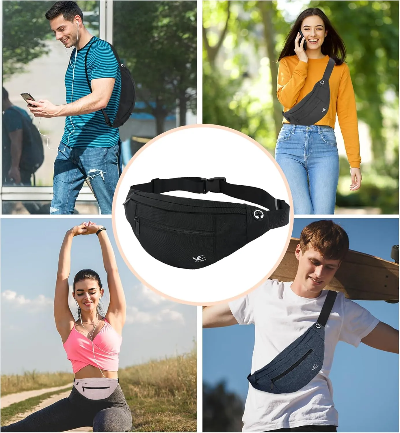 HiRui Large Crossbody Fanny Pack for Men Women Waist Bag Pack with 4-Zipper Pockets Phone Bag Fits All Phones Wallet Keys, Casual Hands-Free Waist Pack for Travel Workout Running (Navy Blue)