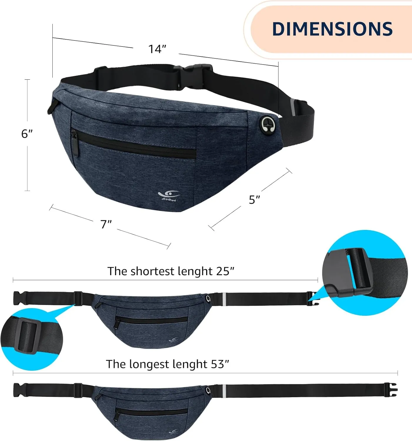 HiRui Large Crossbody Fanny Pack for Men Women Waist Bag Pack with 4-Zipper Pockets Phone Bag Fits All Phones Wallet Keys, Casual Hands-Free Waist Pack for Travel Workout Running (Navy Blue)