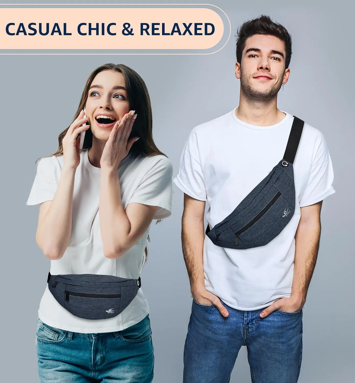 HiRui Large Crossbody Fanny Pack for Men Women Waist Bag Pack with 4-Zipper Pockets Phone Bag Fits All Phones Wallet Keys, Casual Hands-Free Waist Pack for Travel Workout Running (Navy Blue)