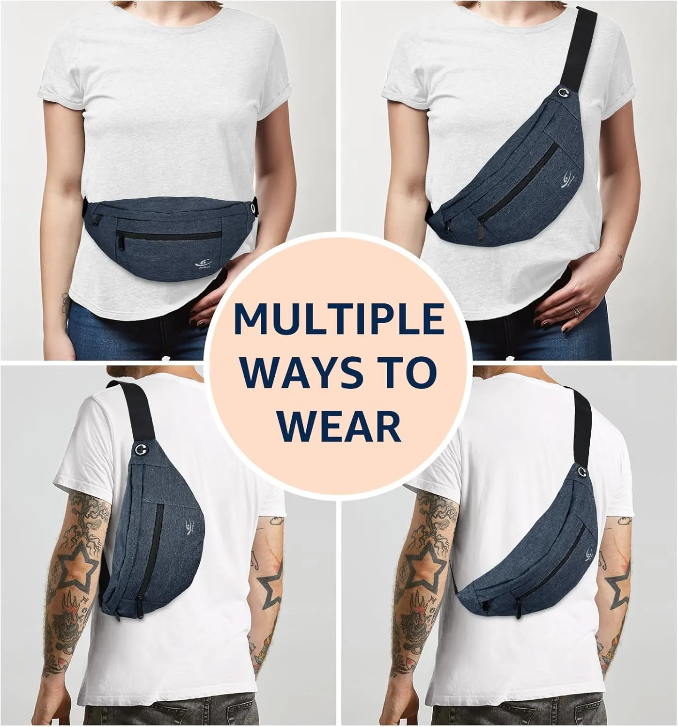 HiRui Large Crossbody Fanny Pack for Men Women Waist Bag Pack with 4-Zipper Pockets Phone Bag Fits All Phones Wallet Keys, Casual Hands-Free Waist Pack for Travel Workout Running (Navy Blue)