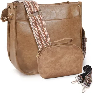 HKCLUF Crossbody Bag Purse for Women 2PCS/Set Leather Hobo Handbag Wallet Set With 2Adjustable Guitar Strap Shoulder Bag