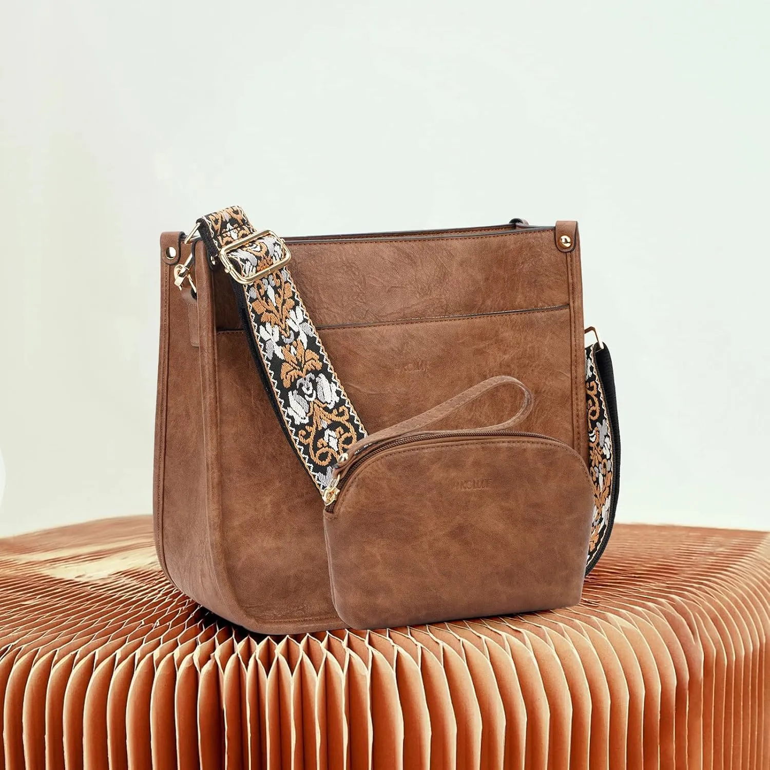 HKCLUF Crossbody Bag Purse for Women 2PCS/Set Leather Hobo Handbag Wallet Set With 2Adjustable Guitar Strap Shoulder Bag