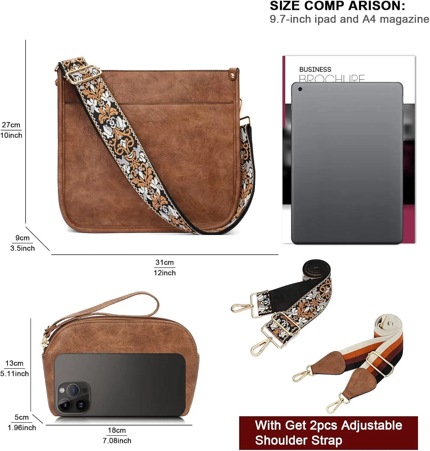 HKCLUF Crossbody Bag Purse for Women 2PCS/Set Leather Hobo Handbag Wallet Set With 2Adjustable Guitar Strap Shoulder Bag