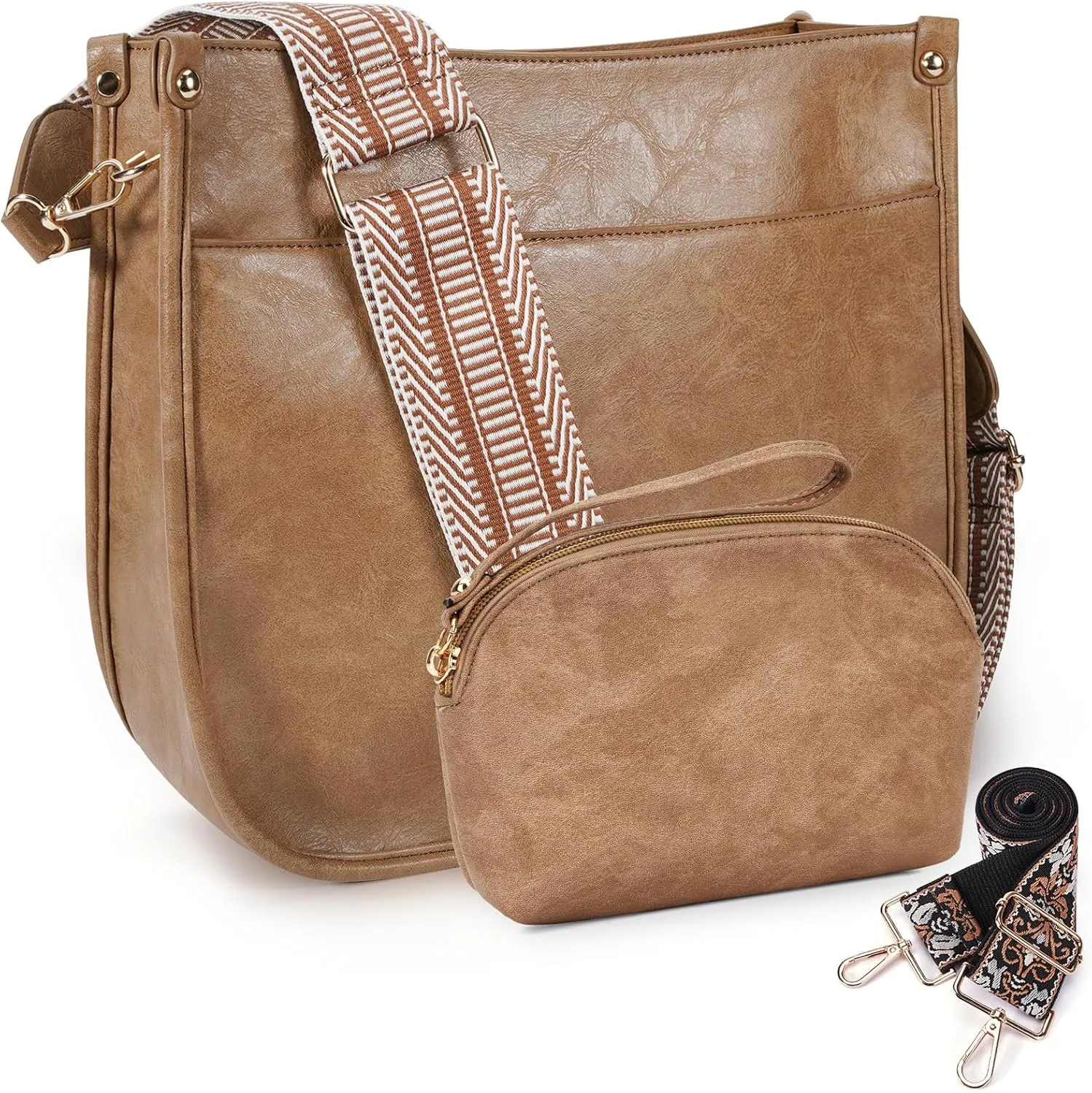 HKCLUF Crossbody Bag Purse for Women 2PCS/Set Leather Hobo Handbag Wallet Set With 2Adjustable Guitar Strap Shoulder Bag