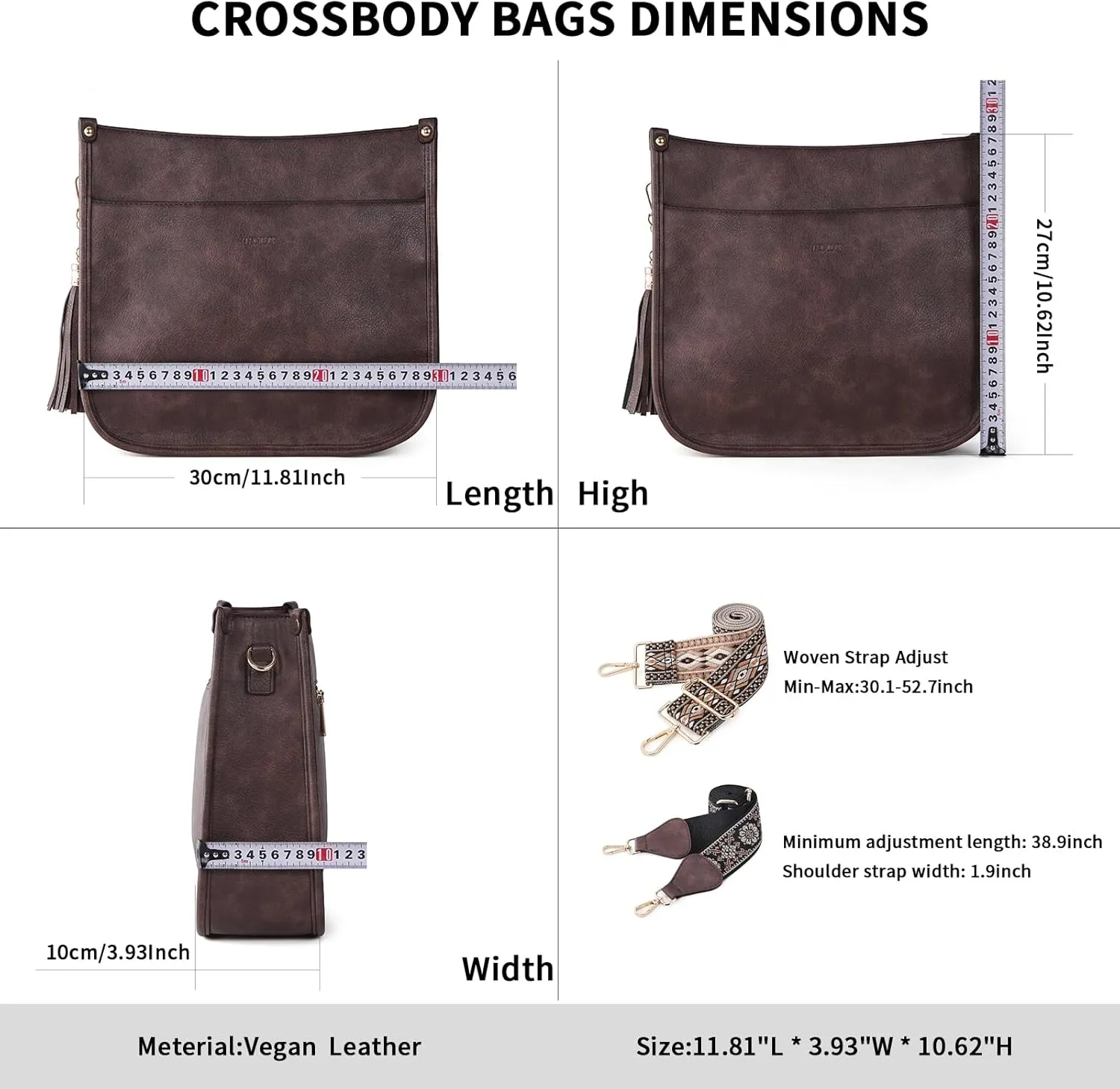 HKCLUF Vegan Leather Crossbody Bags Purse for Women Trendy Tassel Hobo Handbag Women With 2PCS Adjustable Guitar Strap