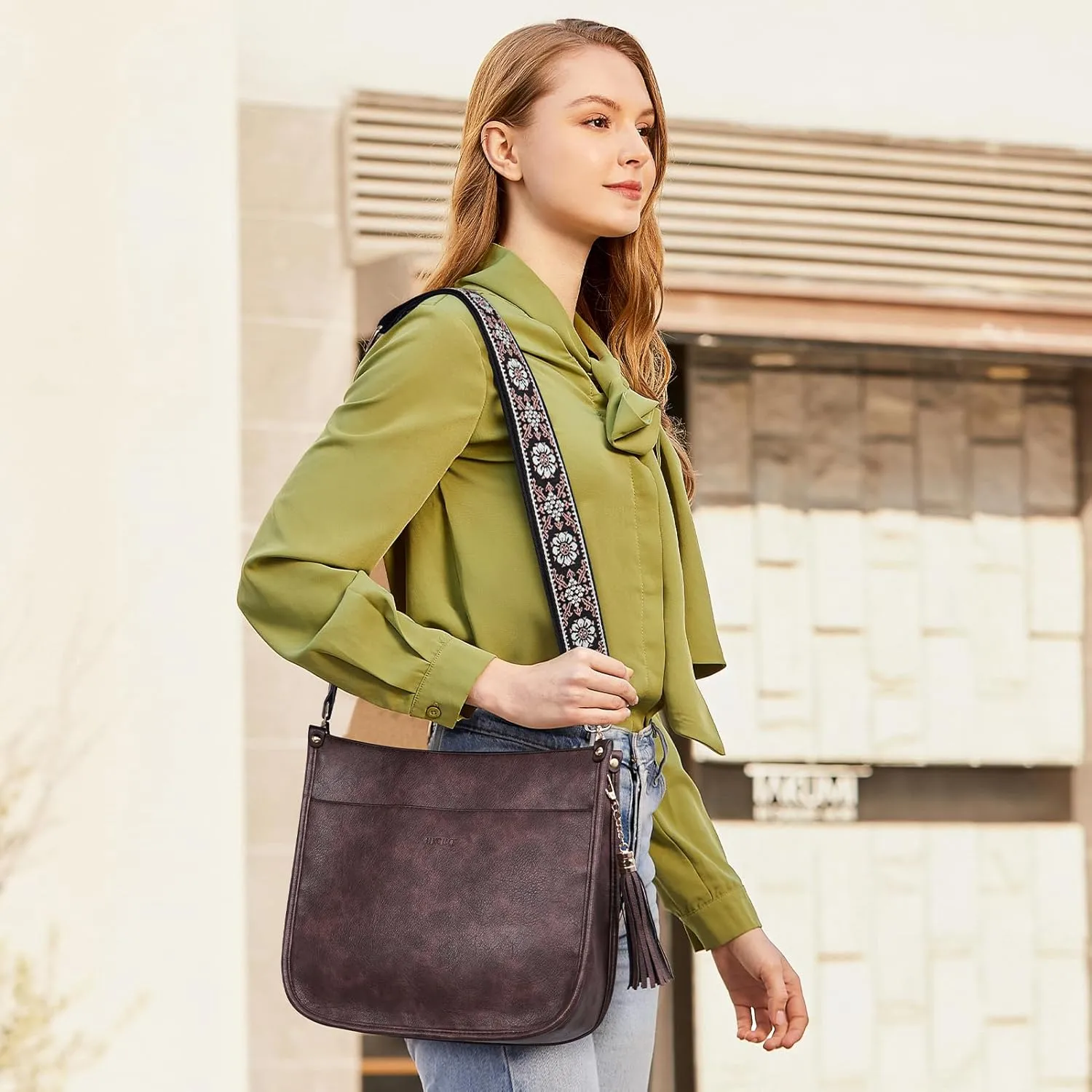 HKCLUF Vegan Leather Crossbody Bags Purse for Women Trendy Tassel Hobo Handbag Women With 2PCS Adjustable Guitar Strap