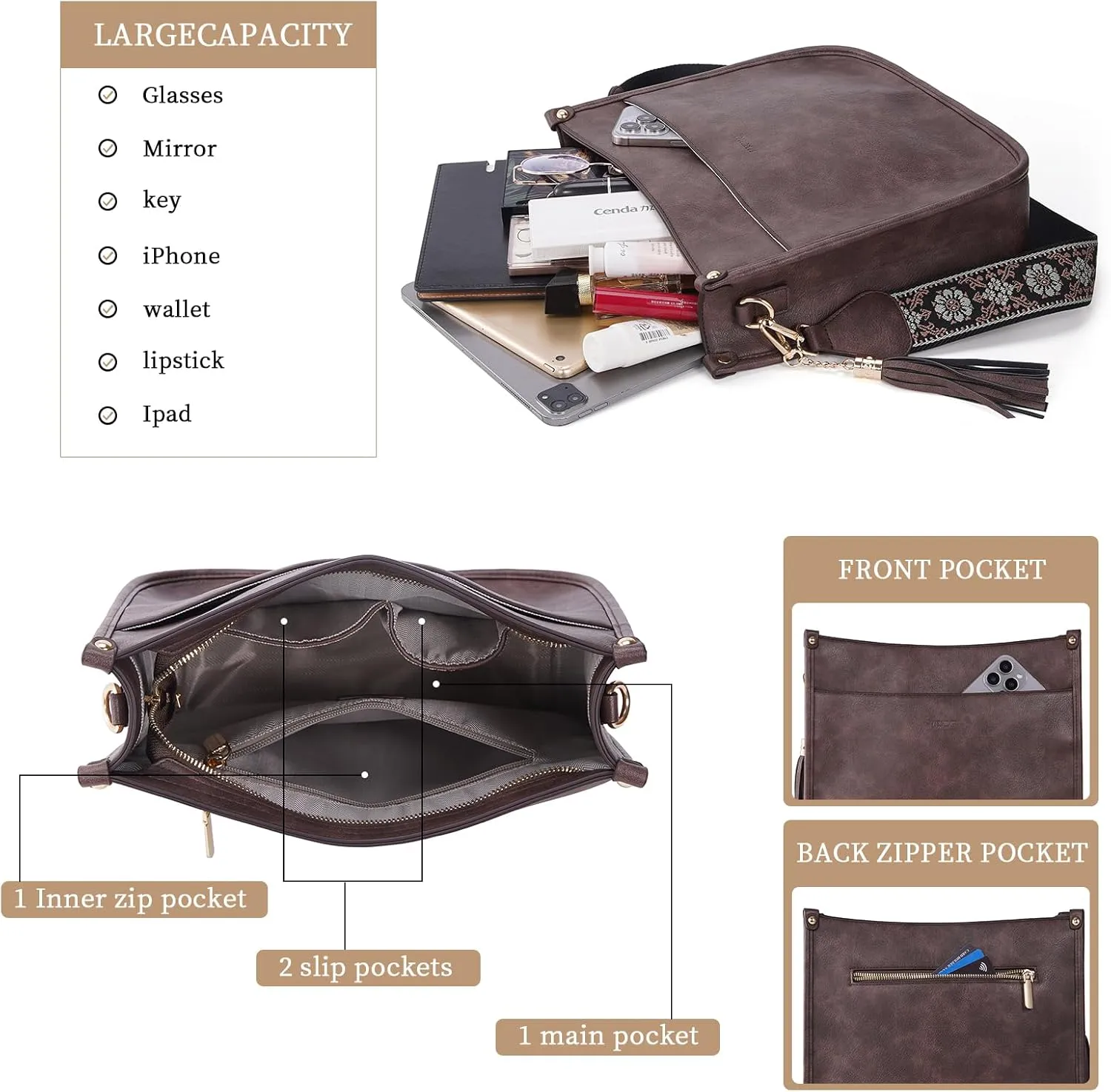 HKCLUF Vegan Leather Crossbody Bags Purse for Women Trendy Tassel Hobo Handbag Women With 2PCS Adjustable Guitar Strap
