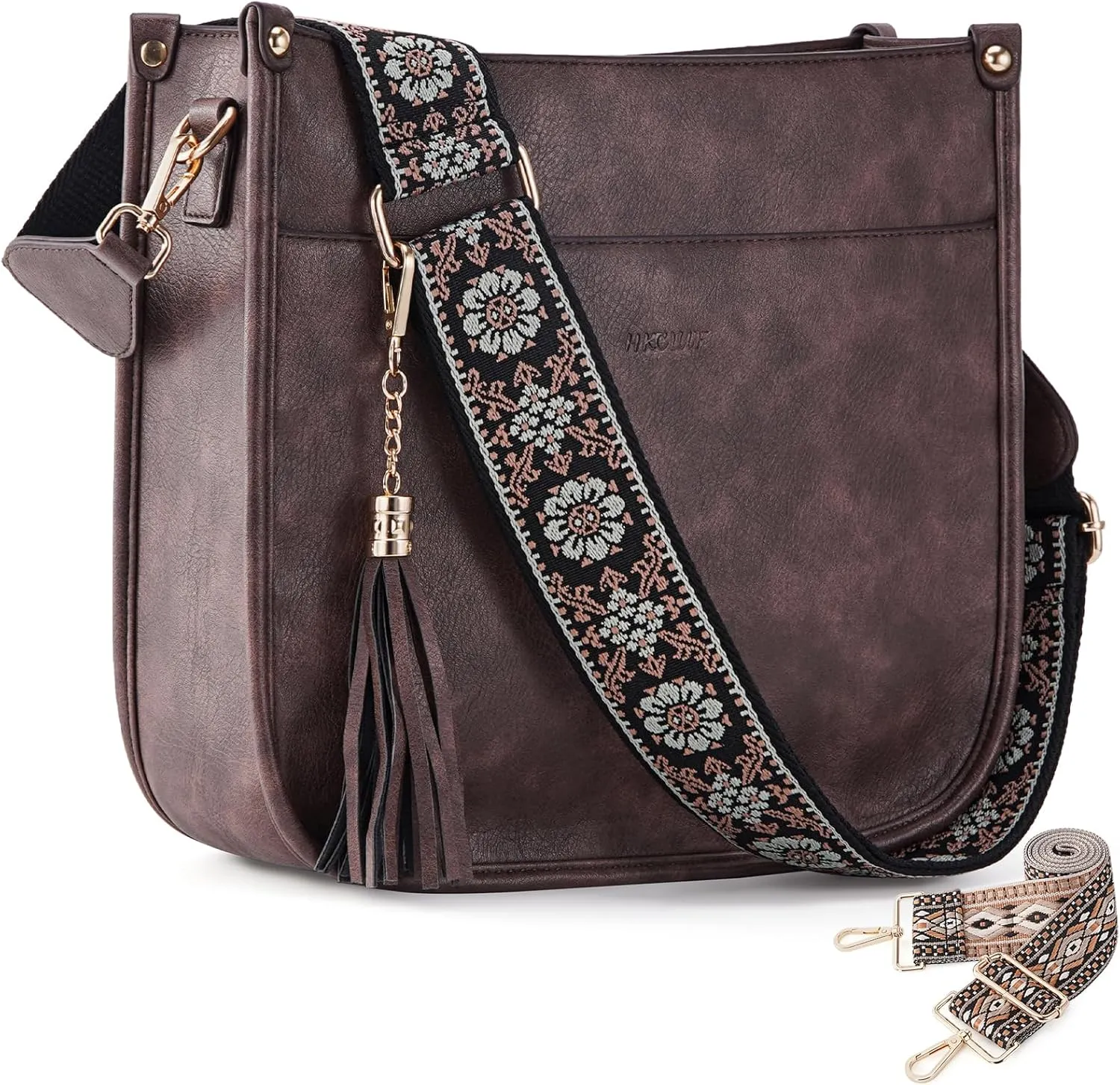 HKCLUF Vegan Leather Crossbody Bags Purse for Women Trendy Tassel Hobo Handbag Women With 2PCS Adjustable Guitar Strap