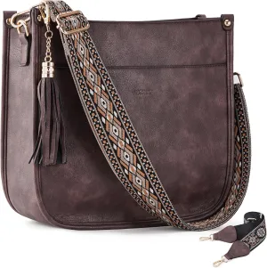 HKCLUF Vegan Leather Crossbody Bags Purse for Women Trendy Tassel Hobo Handbag Women With 2PCS Adjustable Guitar Strap