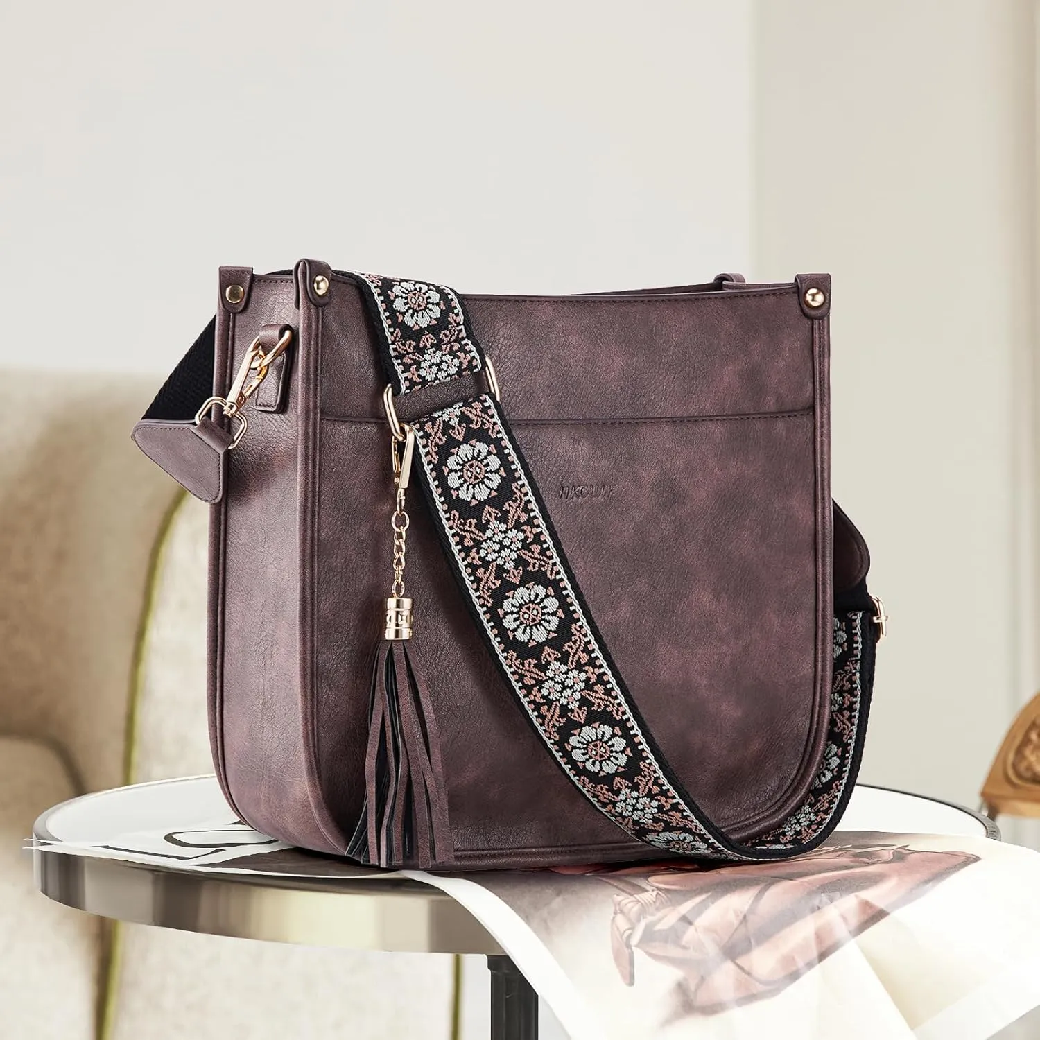 HKCLUF Vegan Leather Crossbody Bags Purse for Women Trendy Tassel Hobo Handbag Women With 2PCS Adjustable Guitar Strap