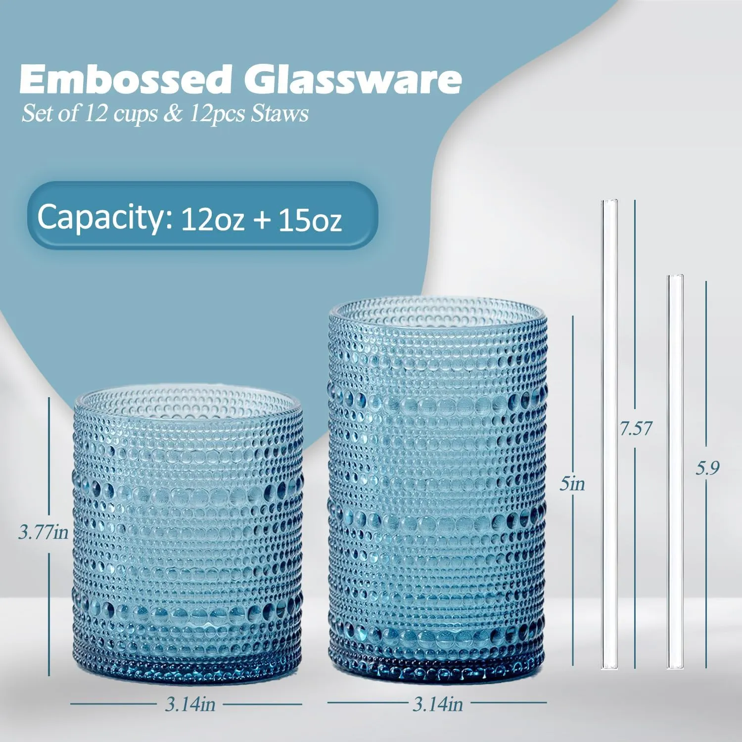 Hobnail Drinking Glasses with Straws, 15oz&12oz Vintage Glassware Set of 12, Blue Hobnail Glassware Embossed Vintage Water Cups, Highball Glasses for Cocktail,Whiskey,Beer and Juice