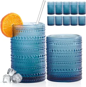 Hobnail Drinking Glasses with Straws, 15oz&12oz Vintage Glassware Set of 12, Blue Hobnail Glassware Embossed Vintage Water Cups, Highball Glasses for Cocktail,Whiskey,Beer and Juice