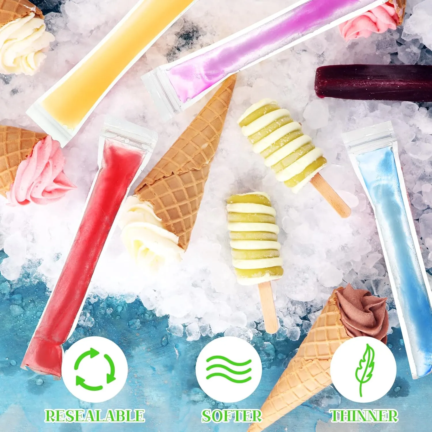 Hoolerry 600 Pcs Disposable Ice Mold Bags with 1 Silicone Funnel Freezer Tubes with Zip Seals Candy Ice Mold Yogurt Tubes Pouch for Snack Juice Fruit Smoothies Party Favor (2.2 x 11 Inch)