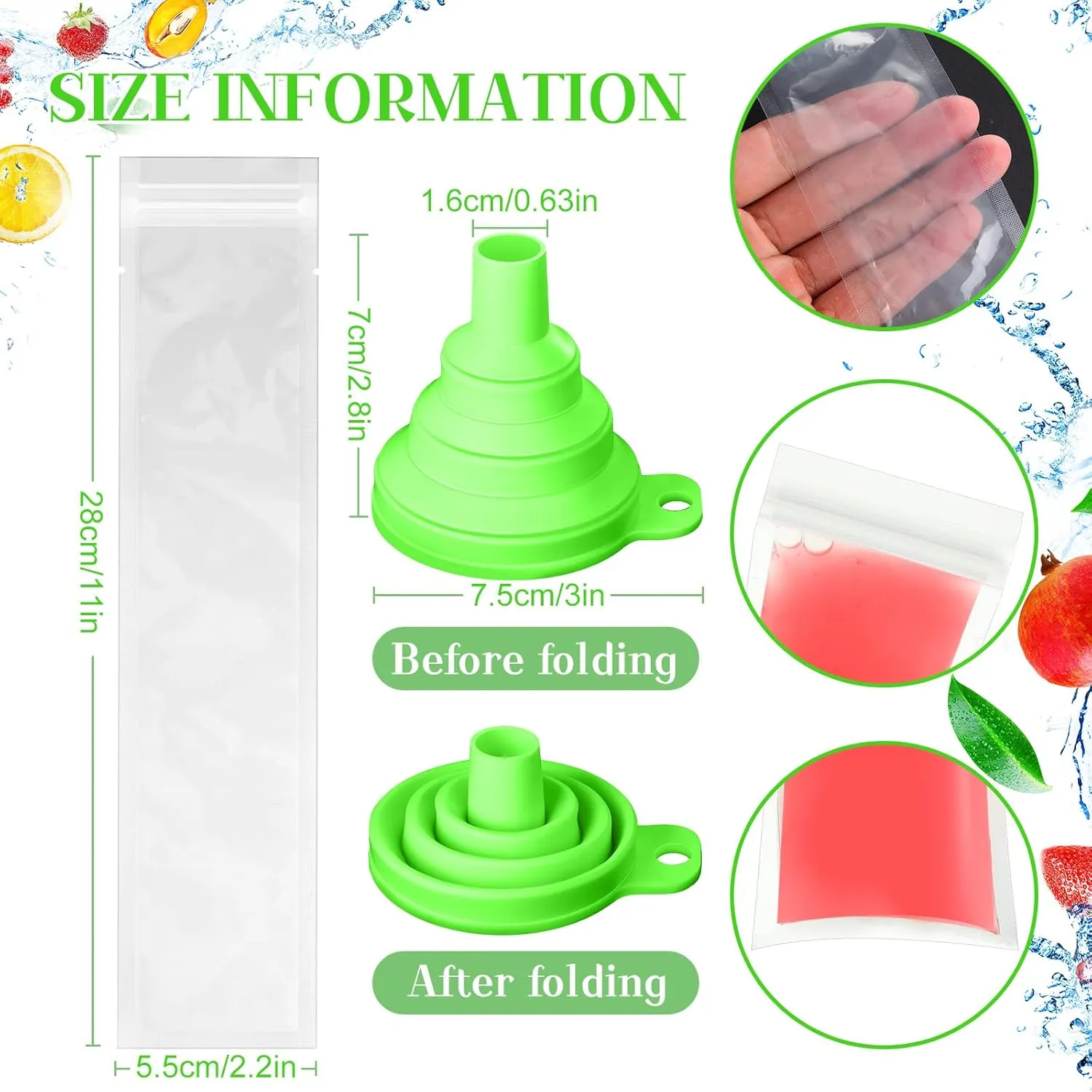 Hoolerry 600 Pcs Disposable Ice Mold Bags with 1 Silicone Funnel Freezer Tubes with Zip Seals Candy Ice Mold Yogurt Tubes Pouch for Snack Juice Fruit Smoothies Party Favor (2.2 x 11 Inch)