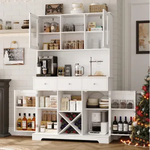 HOSTACK 68" Tall Kitchen Pantry Storage Cabinet with Swing Out Doors, Modern Kitchen Hutch with Microwave Stand, Food Pantry Cabinet with Countertop & Shelves, Buffet Bar Cabinet with Wine Rack, White