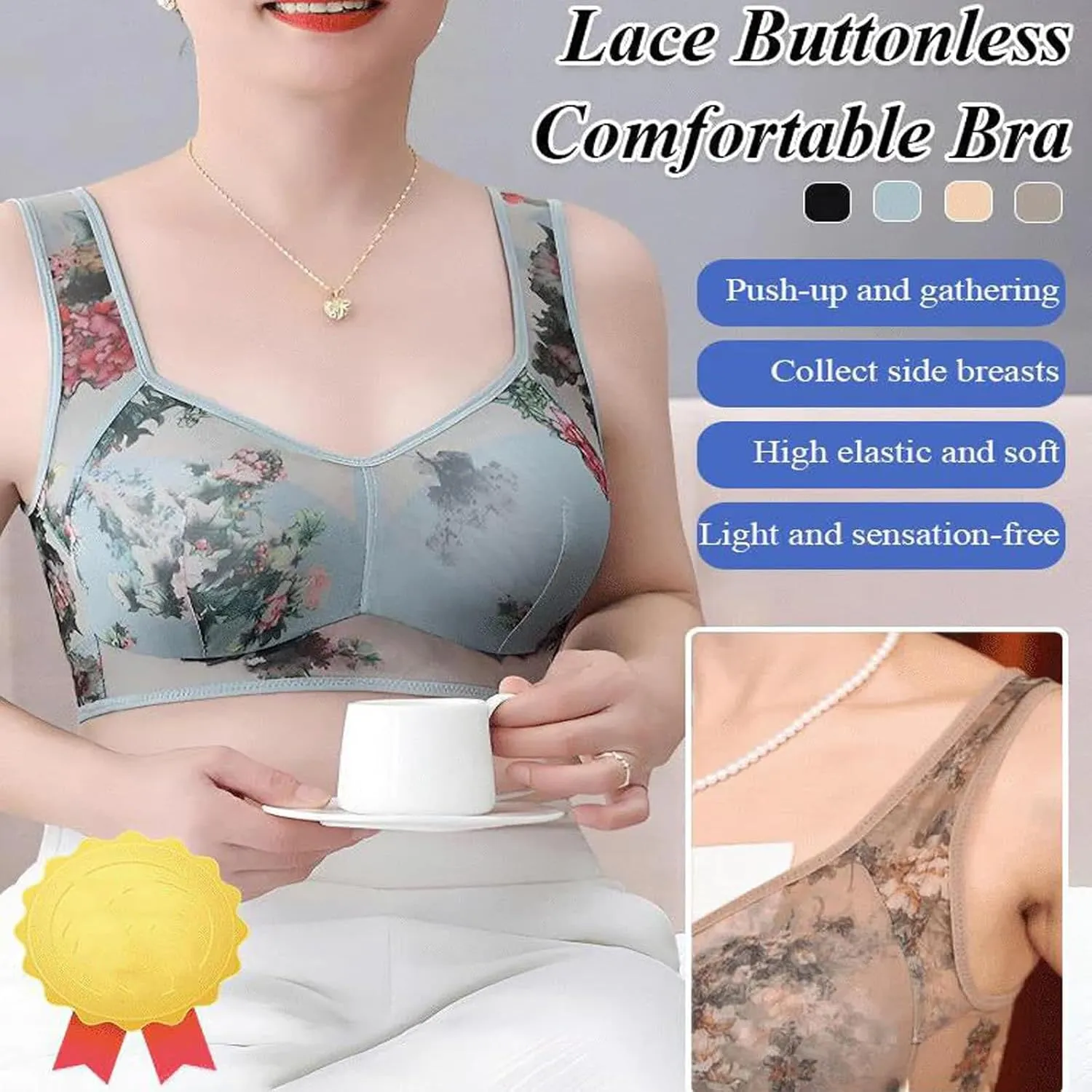 Ice Silk Lace Cooling Comfort Bra, Ellebloom Bra, Miracharm Lace Buttonless Ultra Thin Lifting Bras for Women&Senior