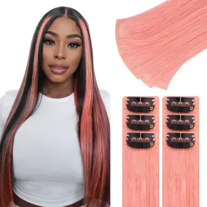 IDN BEAUTY Seamless Clip In Hair Extensions Human Hair, 14 Inch 30g 6Pcs Pink Straight Real Virgin Human Hair Seamless Clip Ins For Black Women PU Weft Invisible Edge