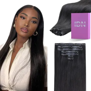 IDN BEAUTY Seamless Clip In Hair Extensions Human Hair, Straight 12 Inch 80g 7pcs Natural Black Real Virgin Human Hair Seamless Clip Ins For Black Women PU Weft Invisible Edge