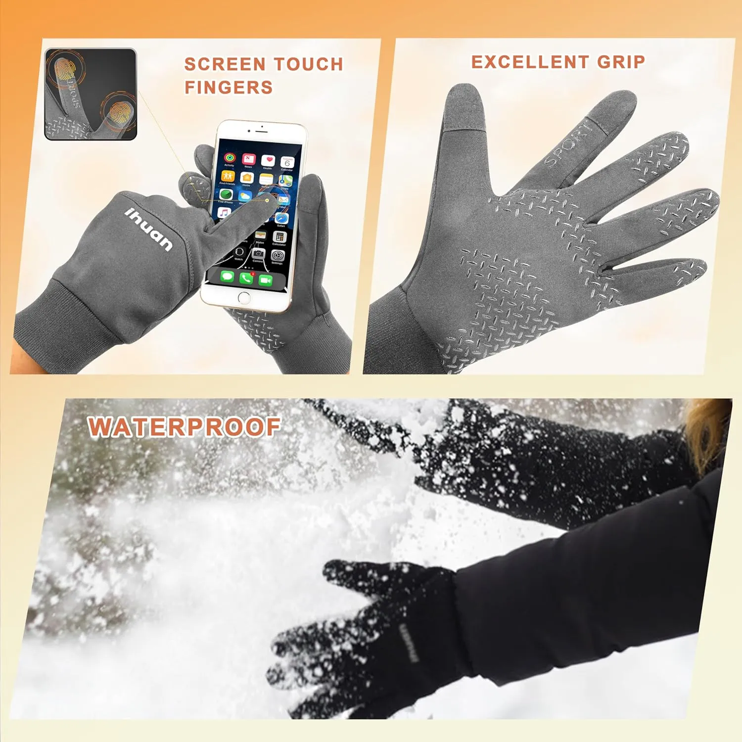 ihuan Winter Gloves for Men Women Waterproof Running Cycling for Cold Weather, Thermal Warm Windproof Material and Touch Screen Finger for Skiing Snow Driving Snowboarding