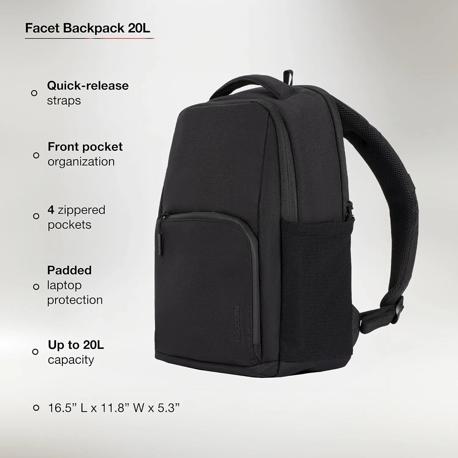 Incase Facet 20L Durable Travel Backpack   Laptop Bag with Computer Sleeve with Quick Release Strap - Carry On Backpack (Black, 20L)