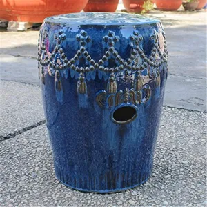 International Caravan Furniture Piece Navy Blue Tasseled Drum Creamic Garden Stool