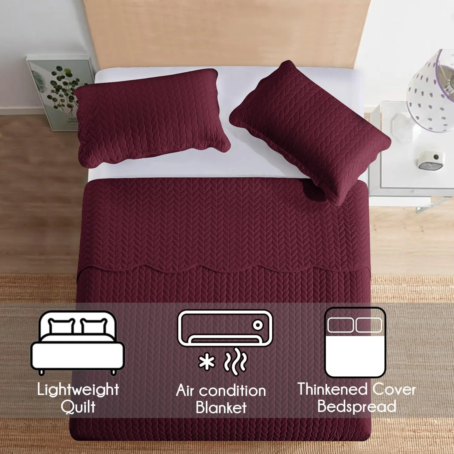 IR Imperial Rooms Twin Quilt Bedding Set Size (68” x 86”)   1 Pillow Shams (20” x 26”   2”) - 2 Pcs Summer Season Lightweight Reversible Microfiber Coverlet Embossed Quilt Bedspread (Burgundy)