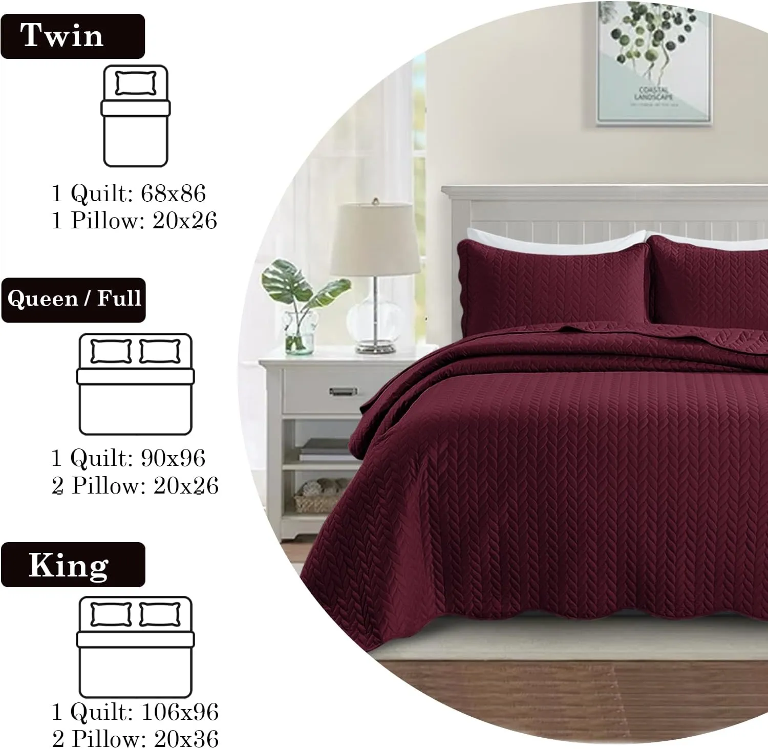 IR Imperial Rooms Twin Quilt Bedding Set Size (68” x 86”)   1 Pillow Shams (20” x 26”   2”) - 2 Pcs Summer Season Lightweight Reversible Microfiber Coverlet Embossed Quilt Bedspread (Burgundy)