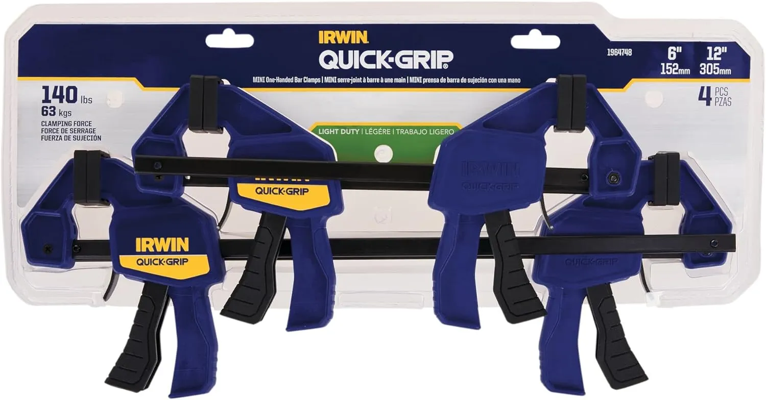IRWIN QUICK-GRIP Bar Clamp, One-Handed, Mini, 6-Inch (2), 12-Inch (2), 4-Pack (1964748) Blue, Yellow