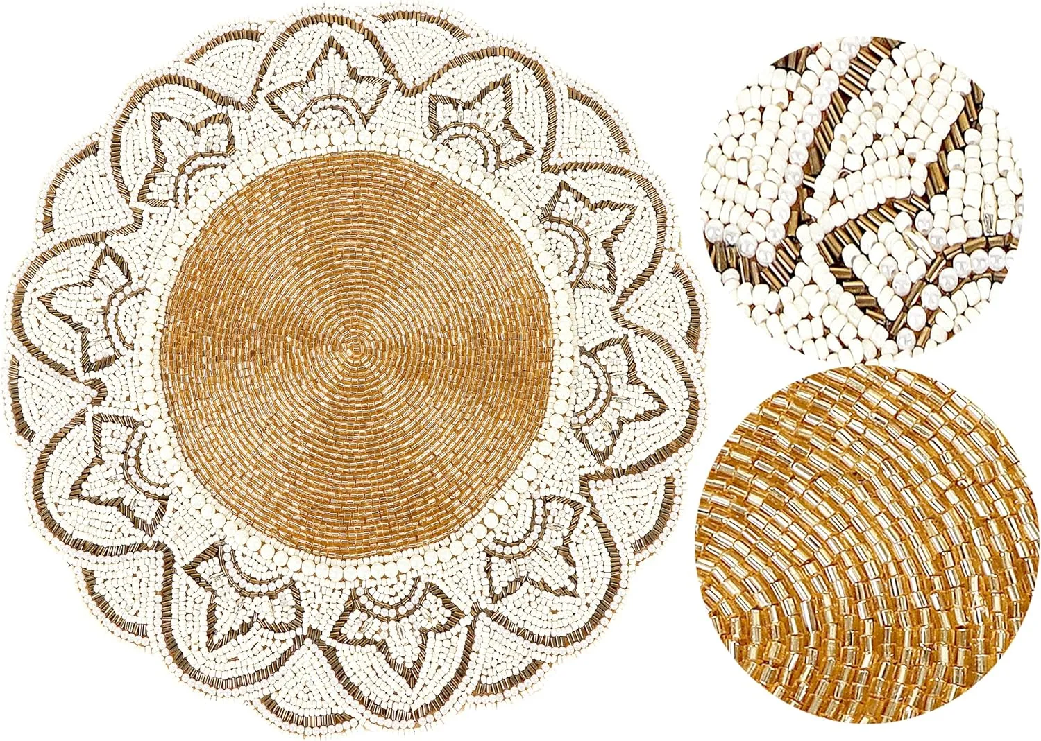 Ivory Gold Beaded Placemats & Charger - Round & Dining Table - 13 inch