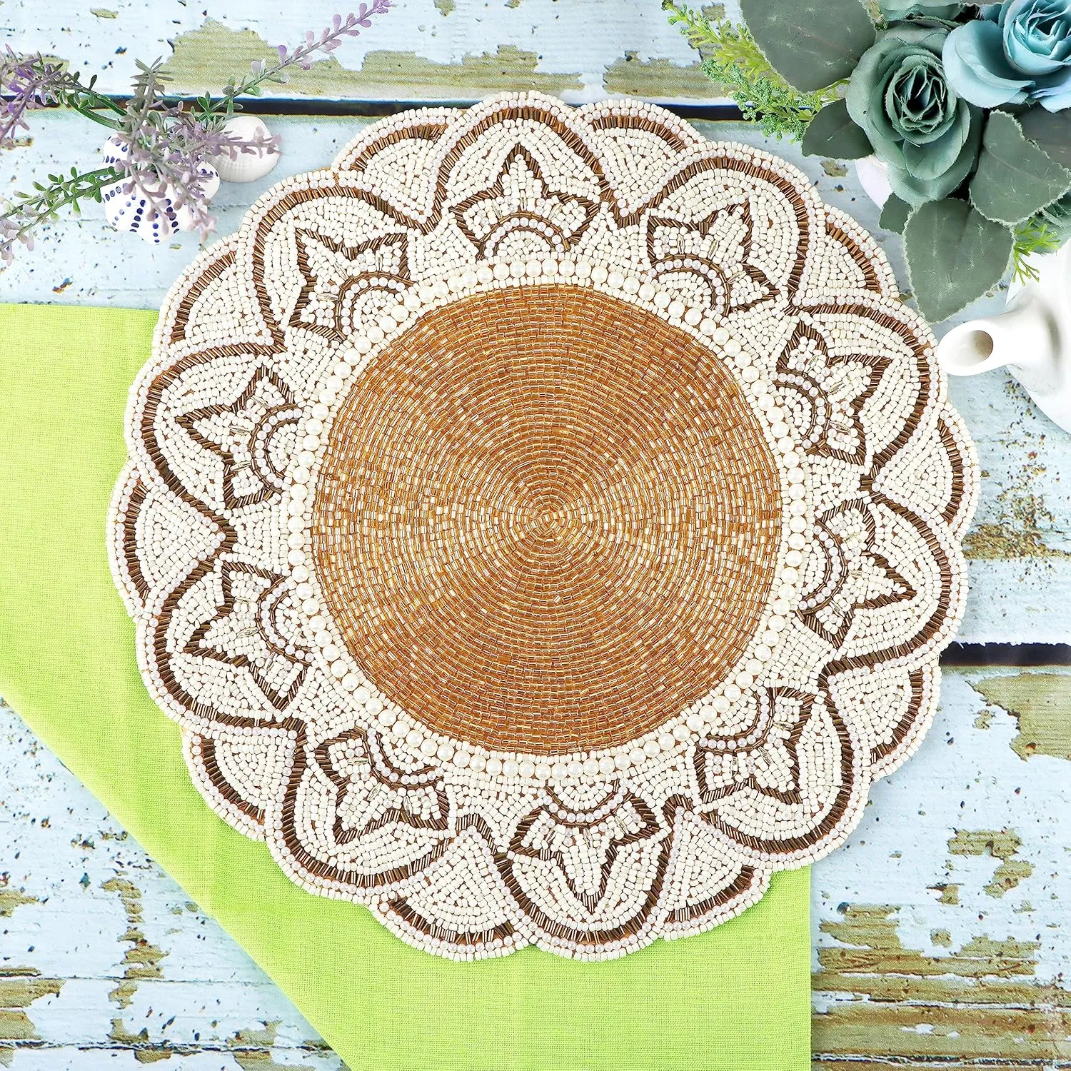 Ivory Gold Beaded Placemats & Charger - Round & Dining Table - 13 inch