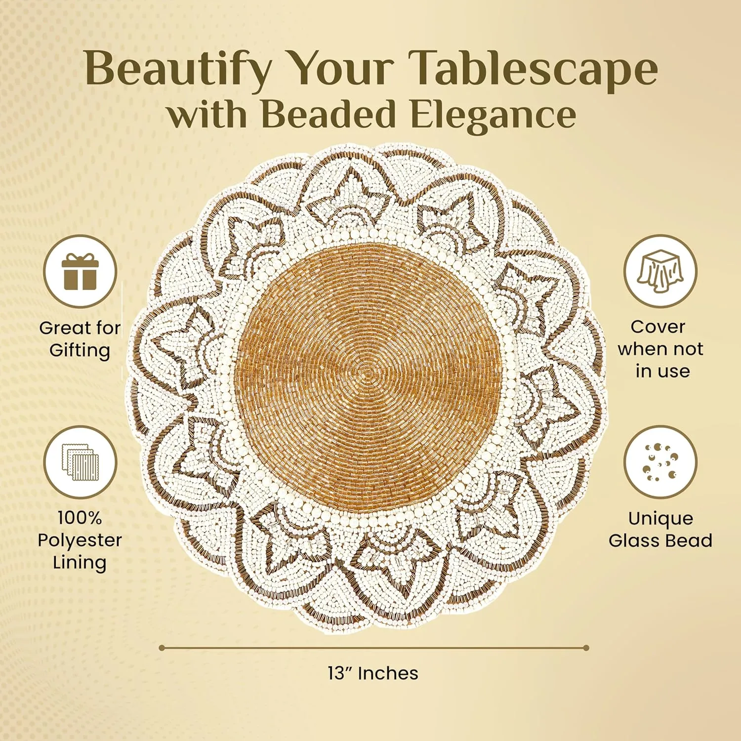 Ivory Gold Beaded Placemats & Charger - Round & Dining Table - 13 inch