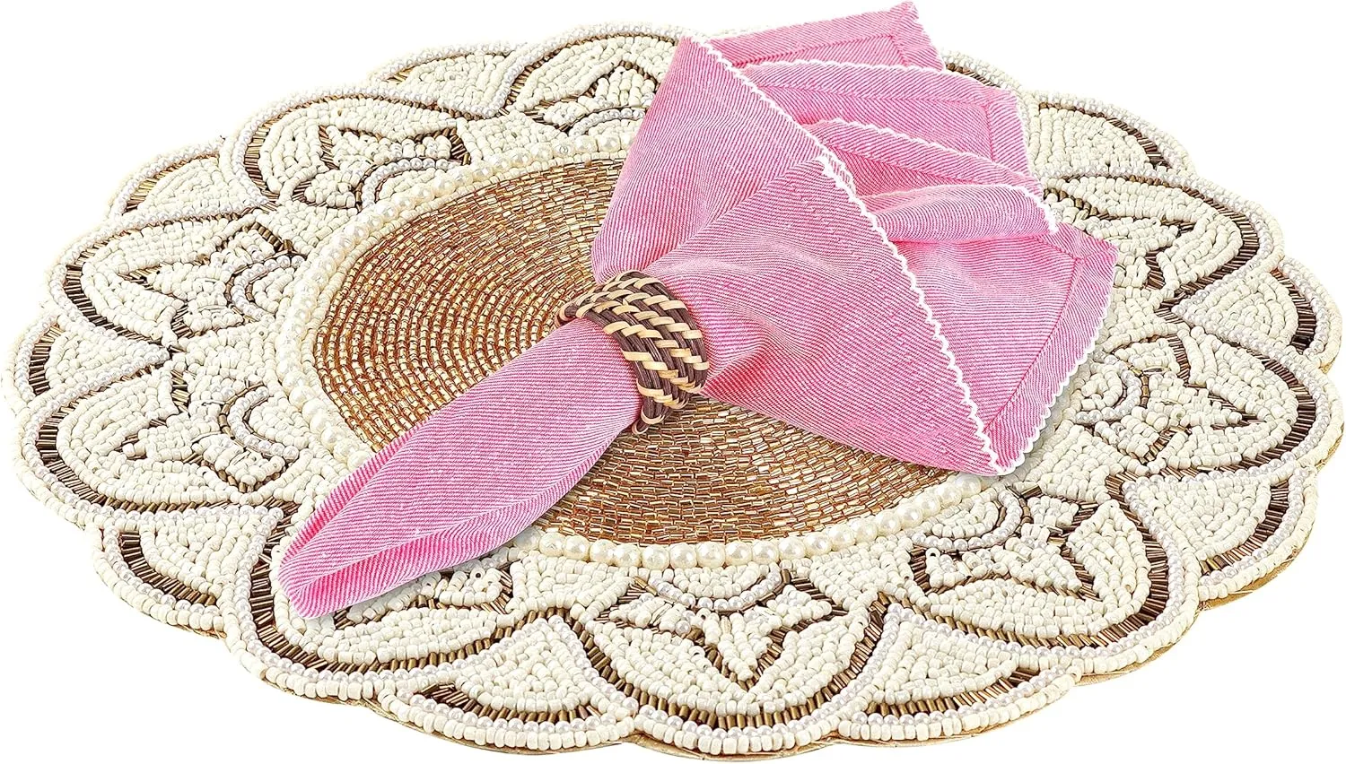 Ivory Gold Beaded Placemats & Charger - Round & Dining Table - 13 inch