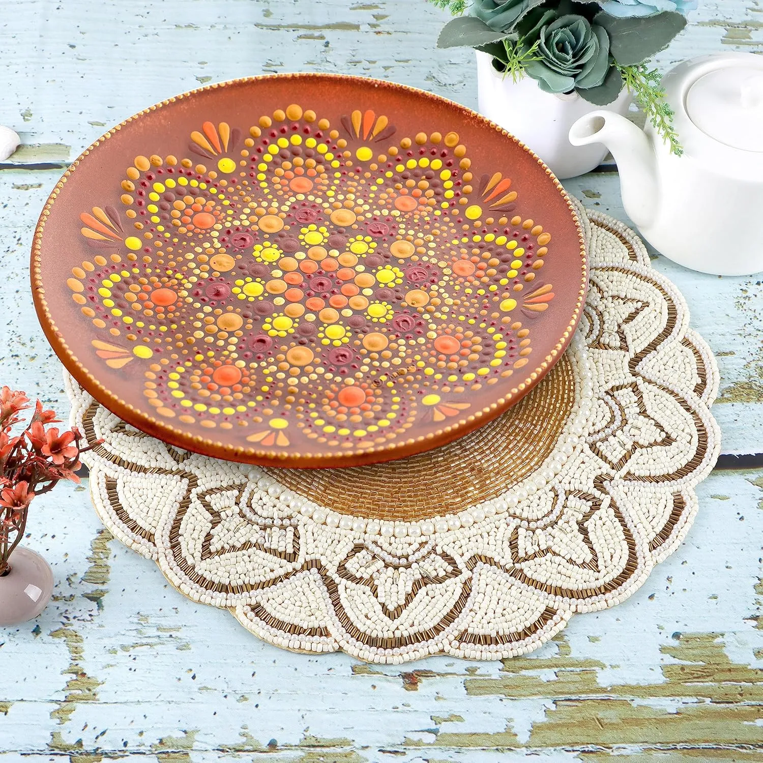 Ivory Gold Beaded Placemats & Charger - Round & Dining Table - 13 inch