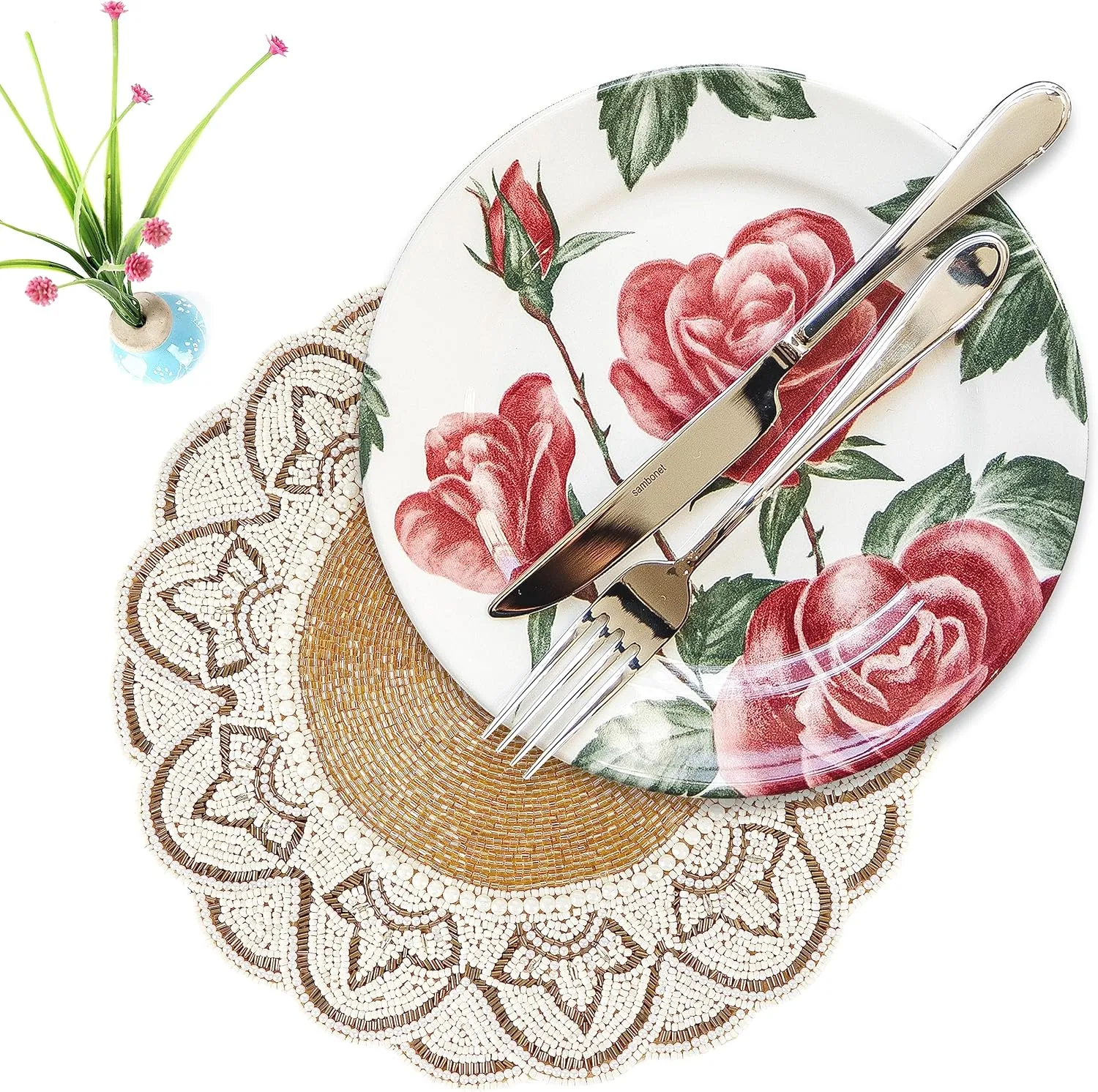 Ivory Gold Beaded Placemats & Charger - Round & Dining Table - 13 inch