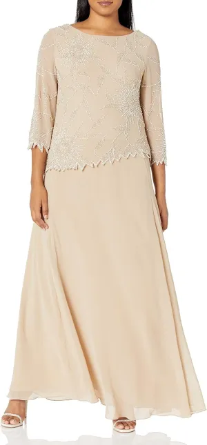 J Kara Plus Size Womens Scoop Neck Line with 3/4 Sleeve Beaded Top Long Dress