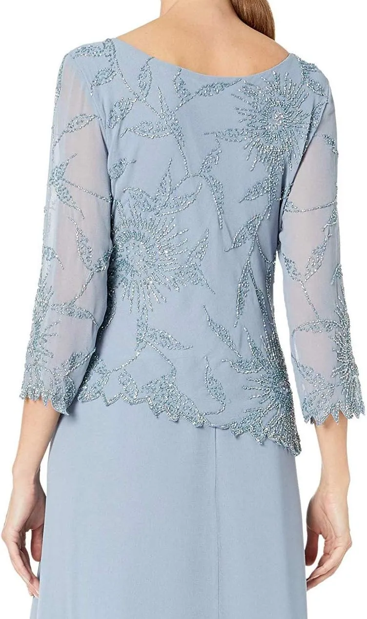 J Kara Plus Size Womens Scoop Neck Line with 3/4 Sleeve Beaded Top Long Dress