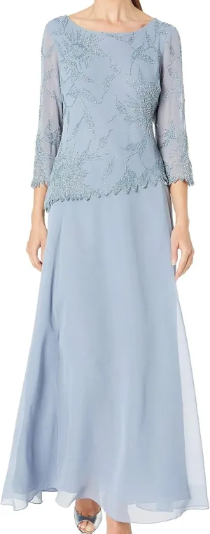 J Kara Plus Size Womens Scoop Neck Line with 3/4 Sleeve Beaded Top Long Dress