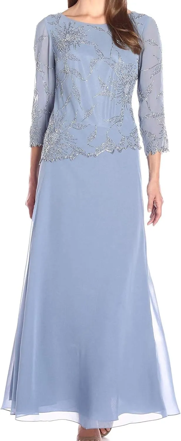 J Kara Plus Size Womens Scoop Neck Line with 3/4 Sleeve Beaded Top Long Dress