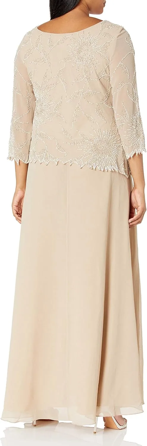 J Kara Plus Size Womens Scoop Neck Line with 3/4 Sleeve Beaded Top Long Dress