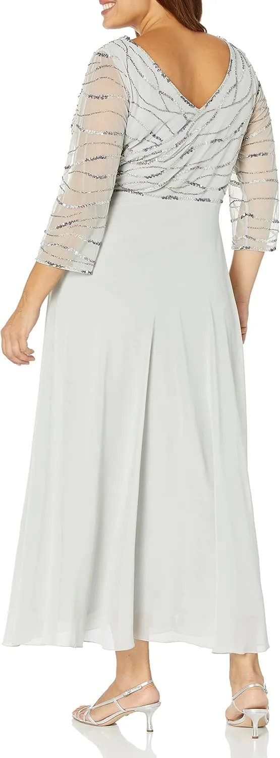 J Kara Women's 3/4 Sleeve Beaded Gown